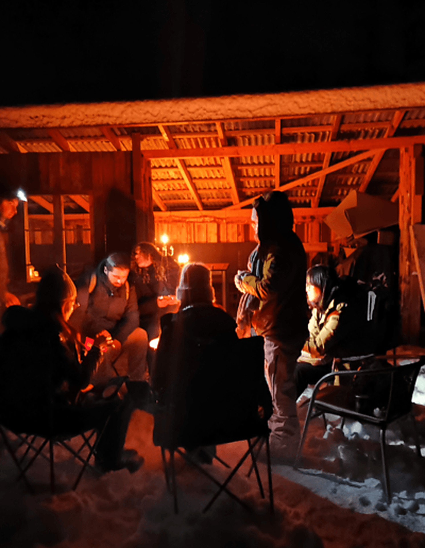 Guests around the campfire inside the basecamp shelter